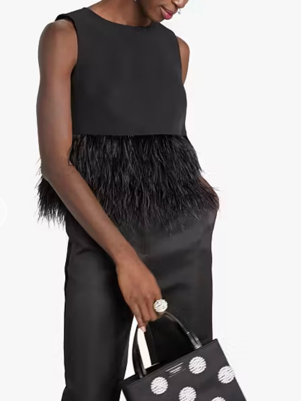 Kate Spade Black Feather Trim Crepe Top Size 8 Preowned EUC